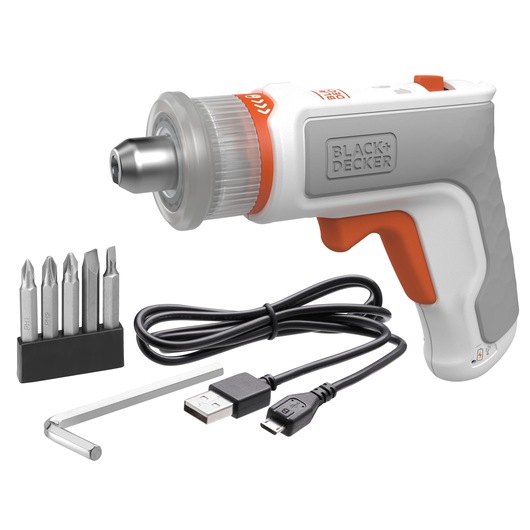 BLACKDECKER BCRTA01 cordless screwdriver with bits, hex key, and USB cable, side angle on white background.