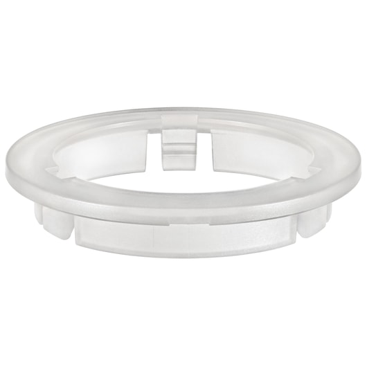 BLACKDECKER BCRTA601APB clear plastic circular adapter ring, photography, front angle on white background.