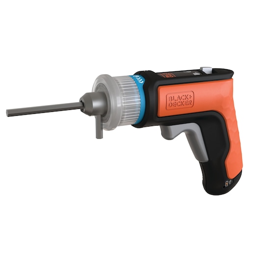 BLACKDECKER BCRTA601I orange and black electric screwdriver, side angle on white background