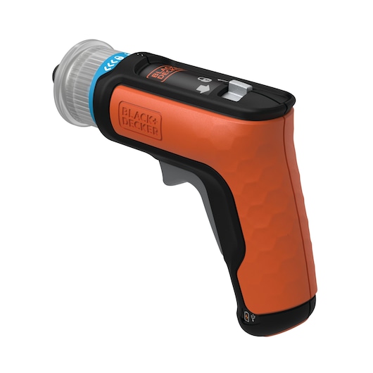 BLACKDECKER BCRTA601I compact cordless screwdriver, orange and black, side angle on white background.