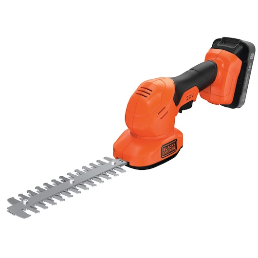 BLACK+DECKER BCSS820D1 orange cordless shrub shear with black handle, side angle on white background.