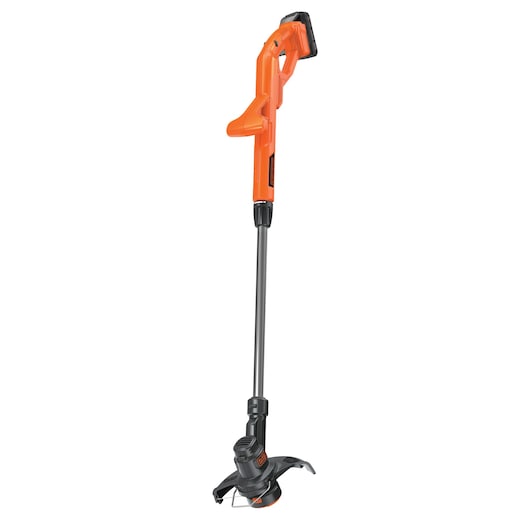 BLACKDECKER BCST201C1 orange and black cordless string trimmer, side angle on white background.