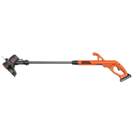 BLACKDECKER BCST201C1 orange cordless string trimmer, side angle on white background.