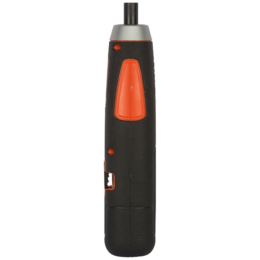 BLACKDECKER BD40K27 cordless screwdriver, black and orange, side view, on white background.