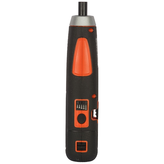 BLACKDECKER BD40K27 cordless screwdriver front angle, black and orange design, visible control switches.