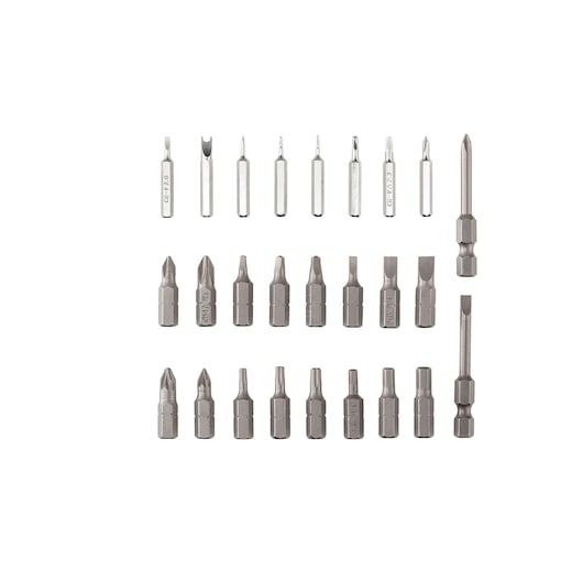 BLACKDECKER BD40K27 screwdriver bits set, silver color, flat lay on white background.