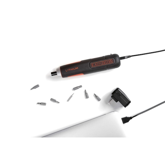 BLACKDECKER BD40K27 cordless screwdriver with charger and interchangeable bits, top angle on white background.