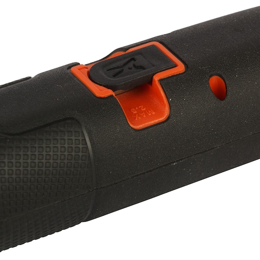 BLACKDECKER BD40K27 black and orange detail of switch on handheld tool, side angle, photography.