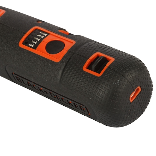 BLACKDECKER BD40K27 black and orange cordless screwdriver handle, close-up on grip and controls, white background.