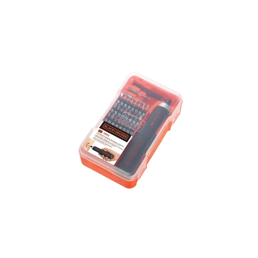 BLACKDECKER BD40K27 cordless screwdriver kit with bits in orange case, top view, on white background.