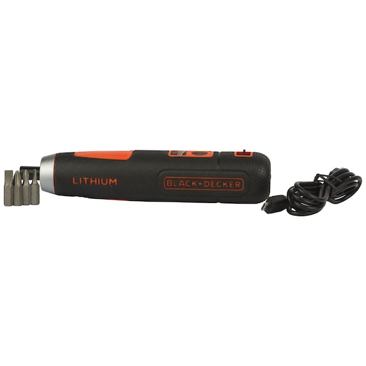 BLACKDECKER BD40K4 cordless screwdriver with USB charging cable and four bits, side angle, black and orange.