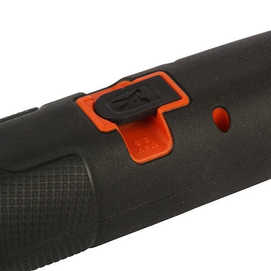 BLACKDECKER BD40K4 black and orange handle close-up, showing textured grip and adjustment switch.