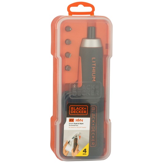 Photo of BLACK+DECKER BD40K4 cordless screwdriver kit in orange carrying case with bits visible, front angle.