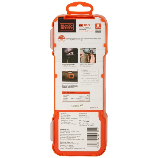 Photo of BLACK+DECKER BD40K4 screwdriver kit packaging, orange case shows product details and specifications, rear view.