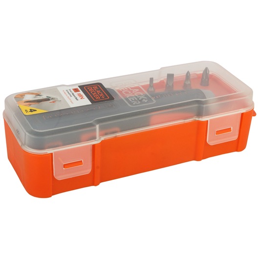 BLACK+DECKER BD40K4 cordless screwdriver set in clear plastic case, orange base, front angle.