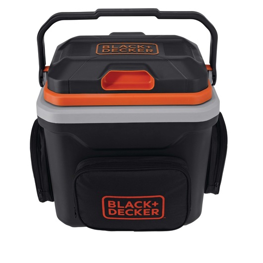 BLACKDECKER BDC24L black and orange portable cooler with handle, front and side pockets, front view.