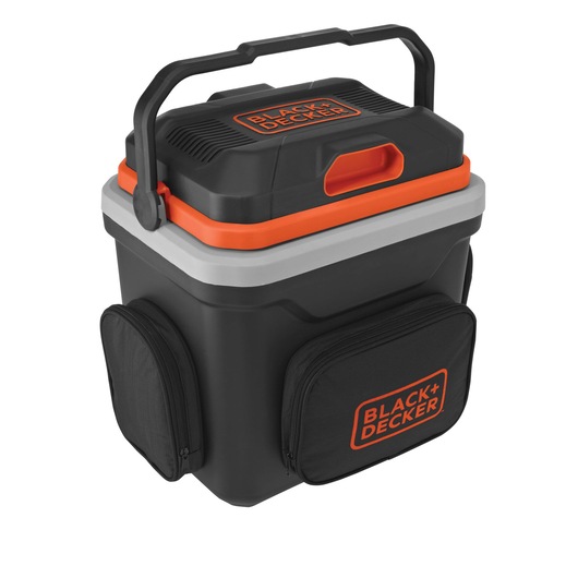 BLACKDECKER BDC24L black and orange portable cooler with zippered side pockets, front angle photo.