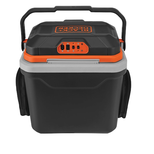 BLACKDECKER BDC24L portable cooler with handle, black and orange, front view, photography product.