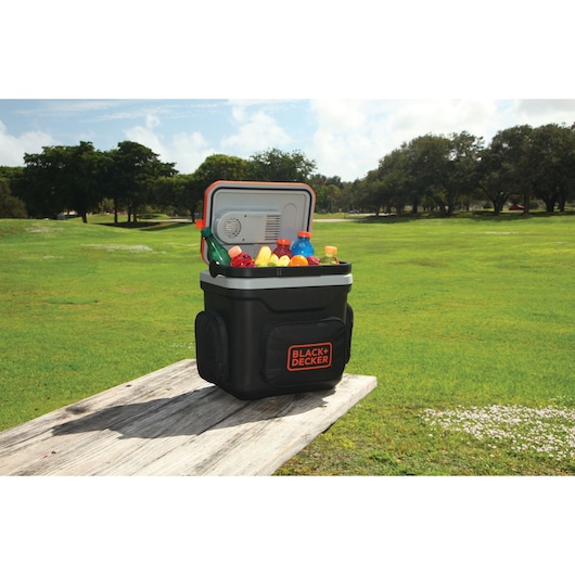 BLACKDECKER BDC24L portable cooler with assorted drinks on a picnic table in a park.