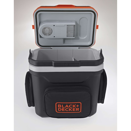 BLACKDECKER BDC24L portable electric cooler box, black and orange, front angle with open lid.