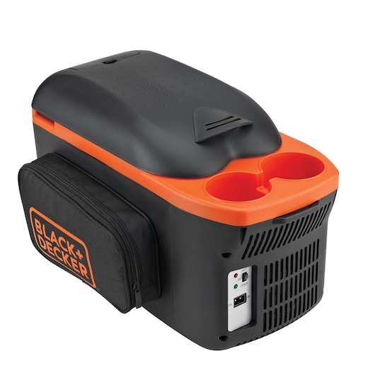 BLACKDECKER BDC8-LA portable cooler with cup holders and side pouch, angled view, black and orange design.