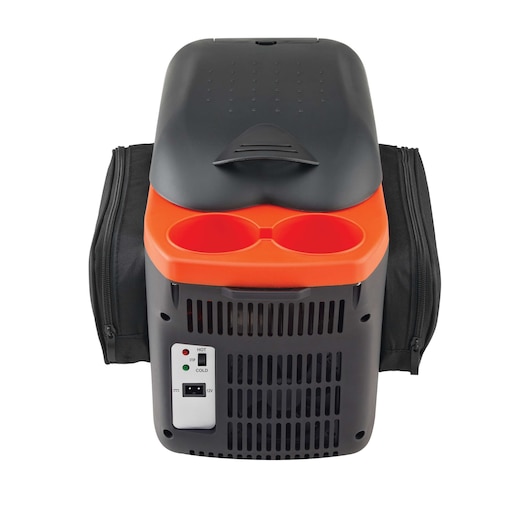 BLACKDECKER portable cooler and warmer with dual cup holders, black and orange, front view, BDC8-LA.