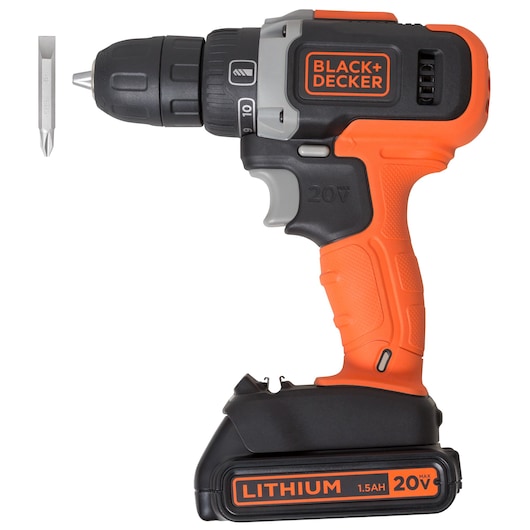 BLACK+DECKER BDCD220CS cordless drill with orange and black body, 20V lithium battery, front view, and metal bit.