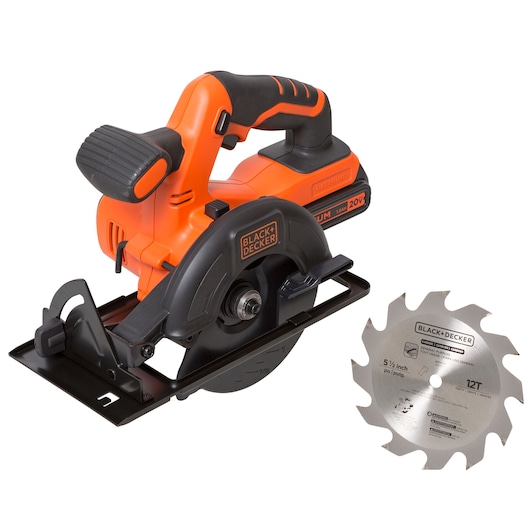 BLACK+DECKER BDCD220CS cordless circular saw with black and orange body, shown side angle, next to blade.