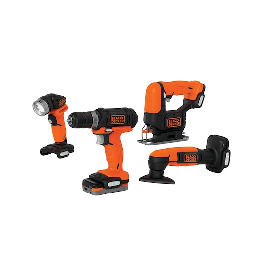 Photo of BLACK+DECKER BDCK502C1 power tool combo kit, includes drill, jigsaw, flashlight and sander, all in orange and black.