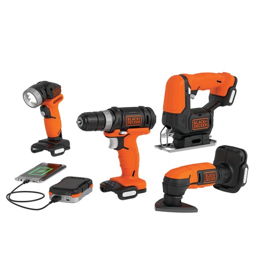 A set of five BLACK+DECKER cordless power tools including a flashlight, a drill, a jigsaw, a multi-tool sander, and a portable battery charger charging a smartphone. All tools have an orange and black design.