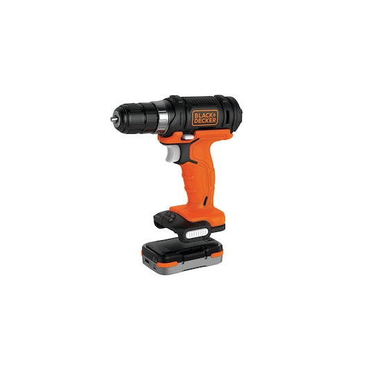 A BLACK+DECKER orange and black cordless power drill with a rechargeable battery attached at the bottom.