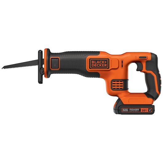 Photo of BLACK+DECKER BDCR20C cordless reciprocating saw, orange and black, side angle on white background.