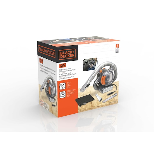 Product packaging for a BLACK+DECKER AutoFlex car vacuum cleaner, showing an image of the vacuum with accessories and product details in multiple languages. The box features the BLACK+DECKER logo and highlights that it is a 12V model designed for automotive cleaning.