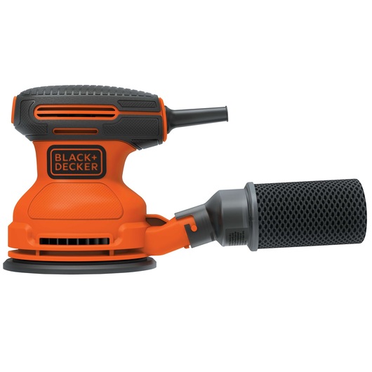 Photo of BLACK+DECKER BDERO100 orange and black random orbit sander with dust canister, side angle.