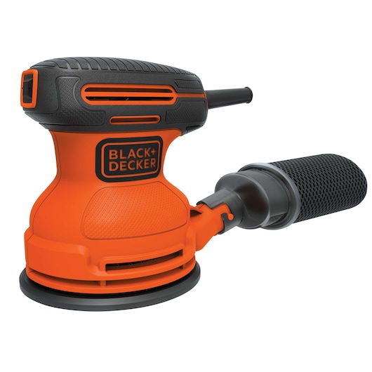 BLACKDECKER BDERO100 orange and black random orbital sander side view with dust collector.