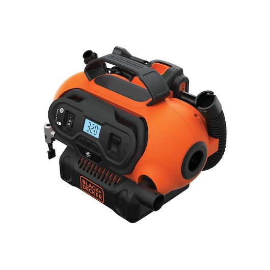 BLACKDECKER BDINF20 orange portable inflator with digital display, photographed at front angle on white background.