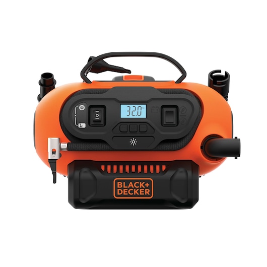 BLACK+DECKER BDINF20 portable air inflator front view, orange body, digital display and control buttons.
