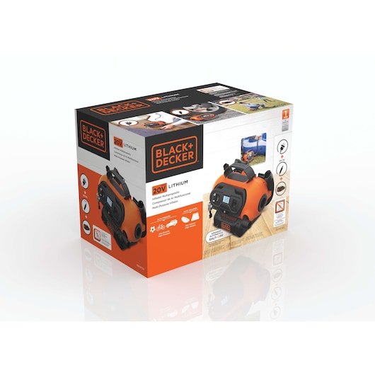 Box of a BLACK+DECKER 20V Lithium multi-purpose inflator and compressor, showing an orange and black device for inflating tires, sports equipment, and other items. The packaging highlights digital controls, automatic shut-off, and compatibility with various uses.