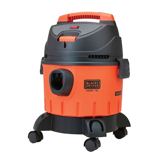 Black+Decker BDWD10 orange and black wet/dry vacuum on wheels, front angle, white background.