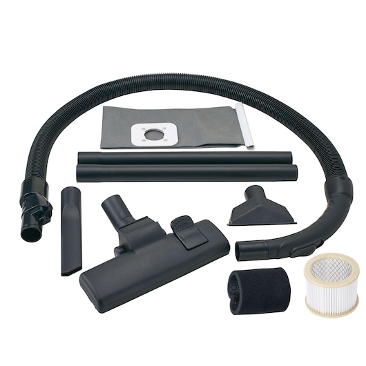 BLACKDECKER BDWD15 vacuum cleaner accessory kit with hose, filters and attachments, top view.