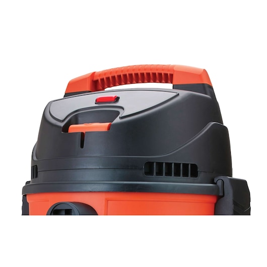 BLACKDECKER BDWD15 wet and dry vacuum top view with orange handle and black body, product photography.