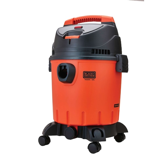 BLACKDECKER BDWD20 wet dry vacuum, orange and black, front angle on white background.