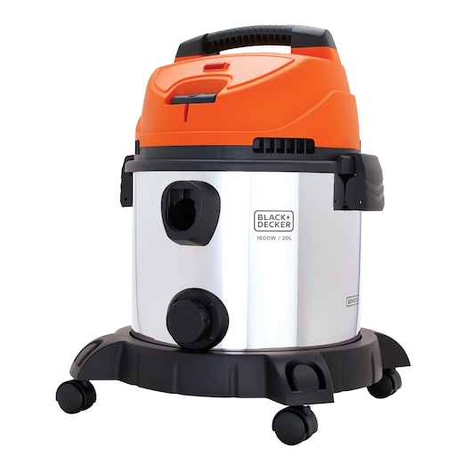 Photo of BLACK+DECKER BDWDS20 wet dry vacuum with orange top, stainless steel body, black base, front angle.