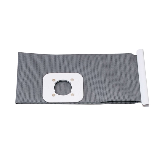 BLACKDECKER BDWDS20 vacuum dust bag, gray fabric, rectangular shape, front view on white background.