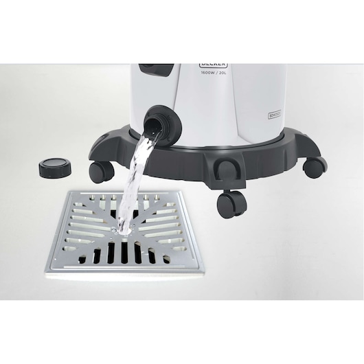 BLACKDECKER BDWDS20 wet and dry vacuum photo, side angle, draining water into floor grate.