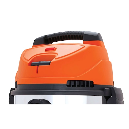 BLACKDECKER BDWDS20 wet dry vacuum cleaner top view with orange and black handle on white background.
