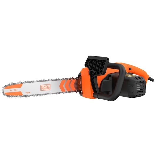 A BLACK+DECKER electric chainsaw with an orange and black design and a 16 inch (40 cm) guide bar is shown. The chainsaw is photographed on a white background.