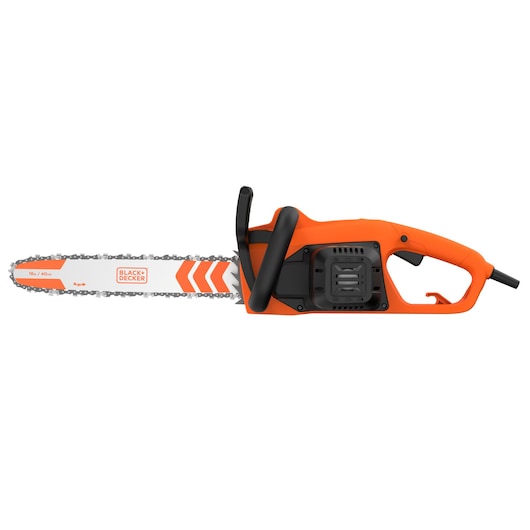 A BLACK+DECKER electric chainsaw with an orange and black body and a silver blade, viewed from the side on a white background.