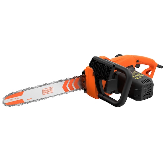 BLACK+DECKER electric chainsaw with an orange and black design, featuring a 16-inch (40cm) blade and ergonomic handle.
