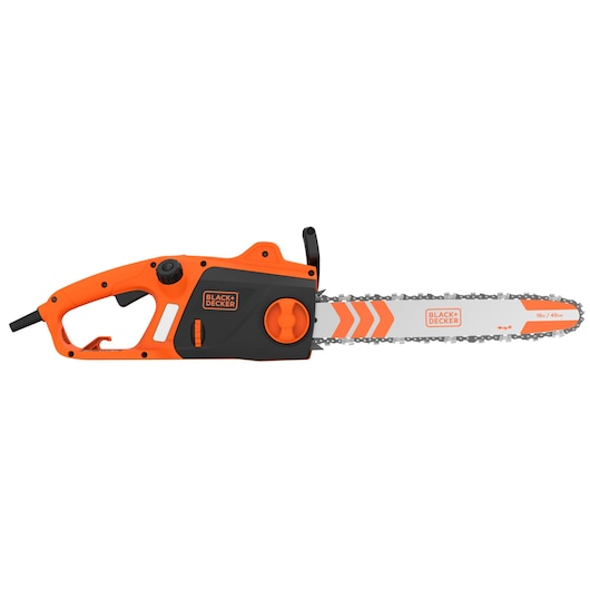 BLACK+DECKER electric chainsaw, model BECS2040, featuring an orange and black body and a 16-inch (40 cm) blade with chain, shown from the side.